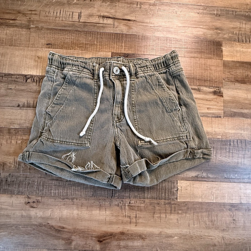 Womens Sz 2 American Eagle Midrise Cotton‎ Olive Green Drawstring Shorts Stretch